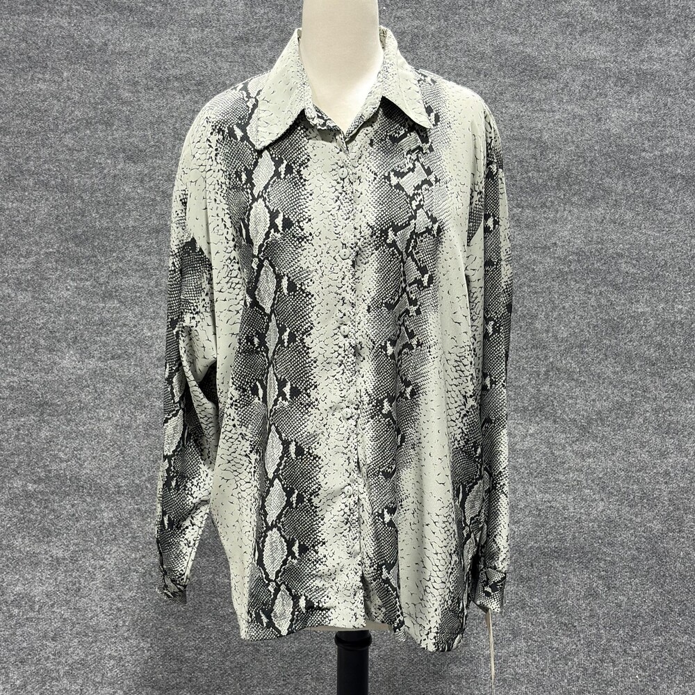 Vintage Abbey L Sportswear Shirt Womens XL Black Snakeskin Print Button Up 90s